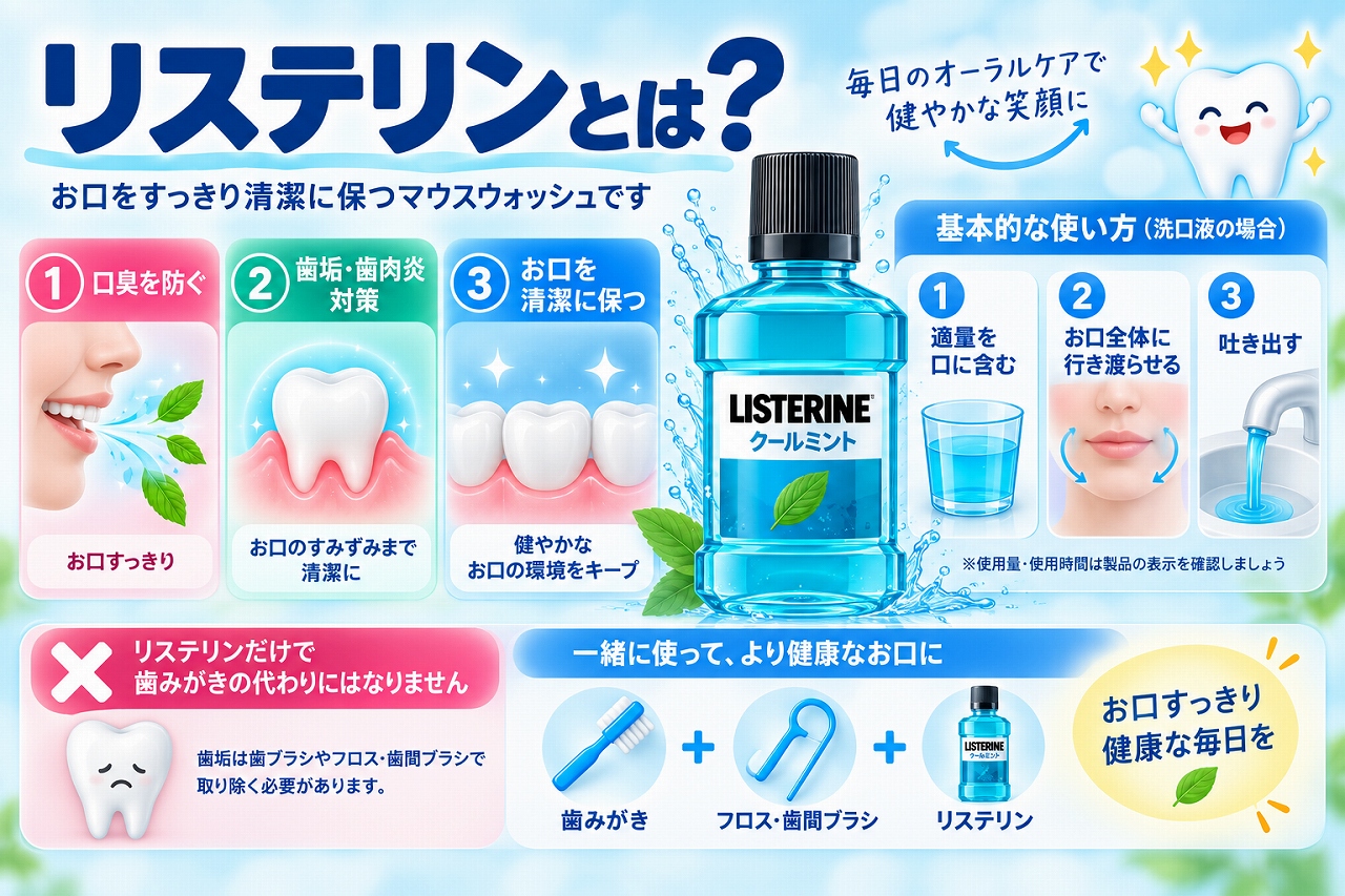 リステリンによる口臭・歯垢・歯肉炎などのオーラルケアと、洗口液と液体歯磨きの使い方の違い、歯磨きや歯間清掃との併用を示した図