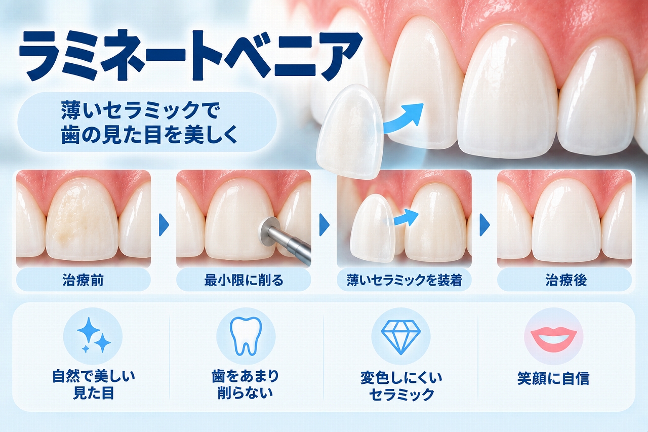ラミネートベニアについて、歯の表面を必要に応じて最小限削り、薄いセラミックを接着して歯の色や形、見た目を整える治療の流れを示した図