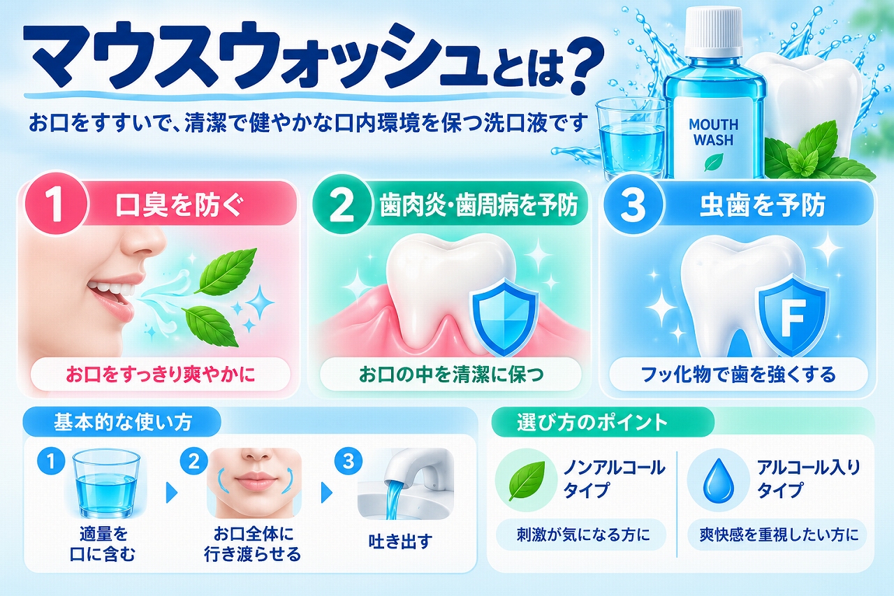 マウスウォッシュの口臭ケアや歯肉炎・歯周病予防などの役割と、基本的な使い方、洗口液と液体歯磨きの違い、歯磨き・歯間清掃との併用を示した図