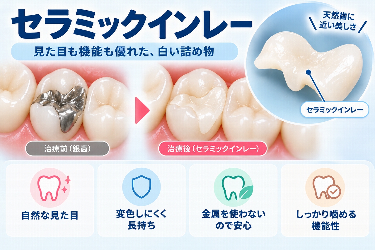 セラミックインレーについて、銀歯から自然な白い詰め物へ交換した治療前後と、見た目や変色しにくさなどの特徴を示した図