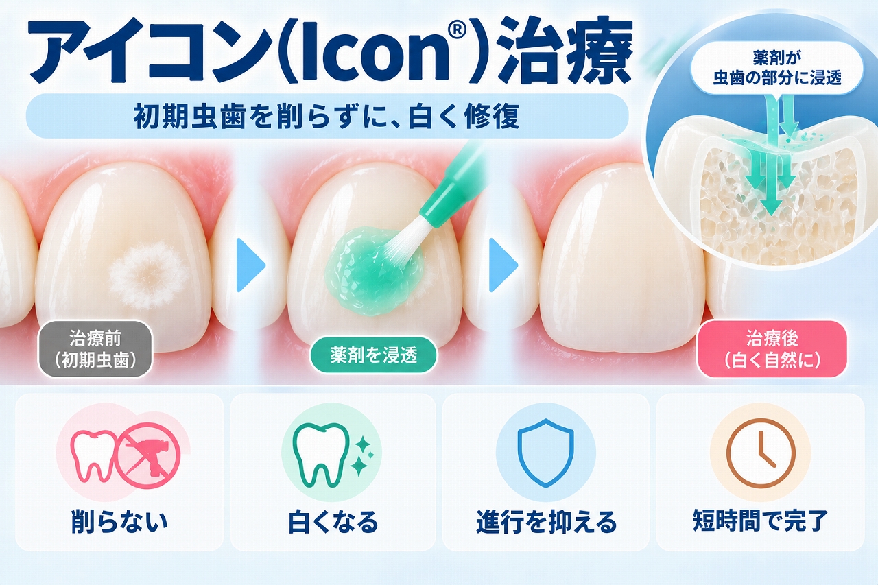 アイコン（Icon®）治療について、初期虫歯やホワイトスポットに薬剤を浸透させ、歯を削らずに白い斑点の見た目を改善する治療の仕組みを示した図