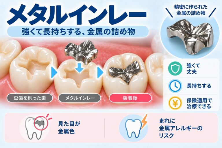 メタルインレーについて、虫歯を削った部分に金属製の詰め物を装着する仕組みと、強度や耐久性、金属色が目立つなどの特徴を示した図