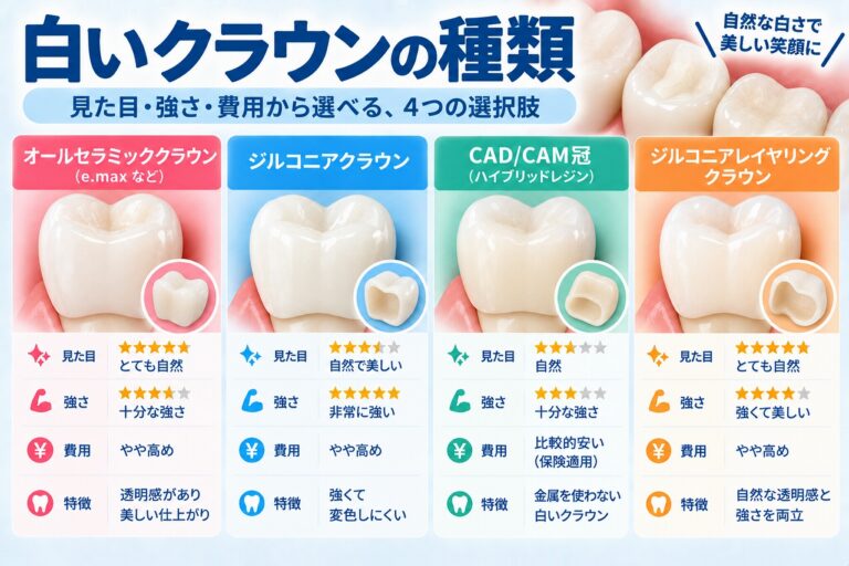 白いクラウンの種類について、オールセラミック・ジルコニア・CAD/CAM冠・ジルコニアレイヤリングを、見た目や強度などの特徴で比較した図