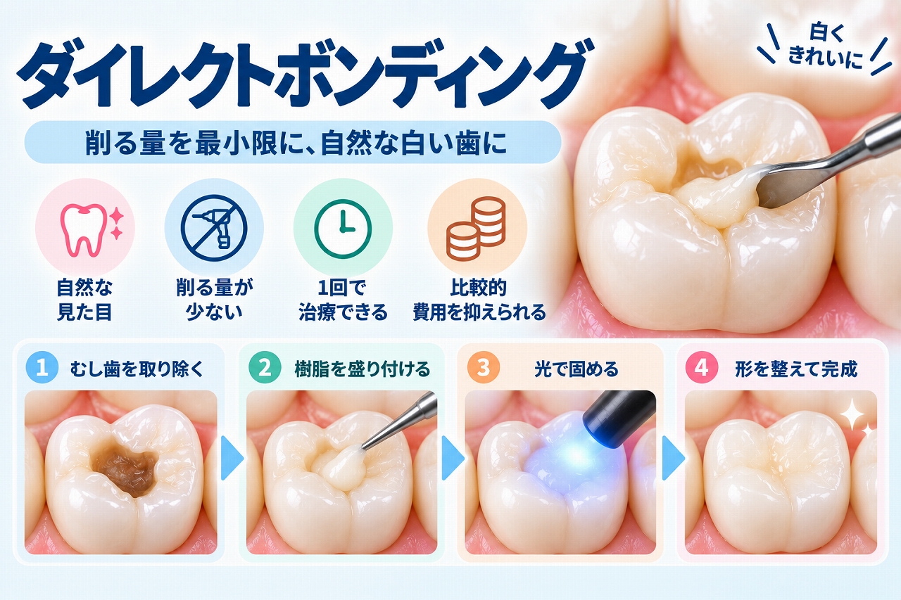 ダイレクトボンディングについて、歯を削る量を抑えながら歯の色に近い樹脂を直接盛り付け、光で固めて自然な形に修復する治療の流れを示した図