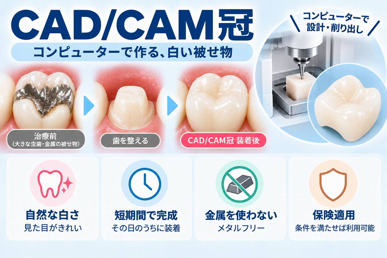 CAD/CAM冠について、コンピューターで設計・削り出して作製する白い被せ物の仕組みと、自然な白さやメタルフリーなどの特徴を示した図