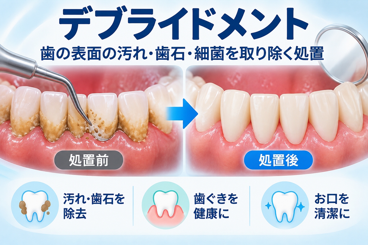 デブライドメントについて、歯面に付着した歯垢や歯石などを除去する処置前と処置後を比較し、歯ぐきと口腔内を清潔にする様子を示した図