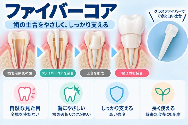 ファイバーコアについて、根管治療後の歯にグラスファイバー製のポストと樹脂で土台を作り、被せ物を装着する仕組みを示した図