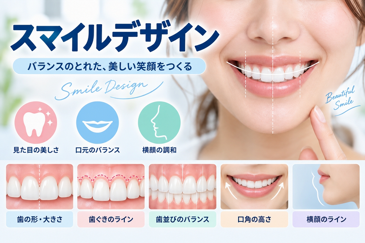 スマイルデザインについて、歯の形や大きさ、歯ぐきのライン、歯並び、口角、横顔などを総合的に確認し、バランスのよい笑顔を目指す考え方を示した図