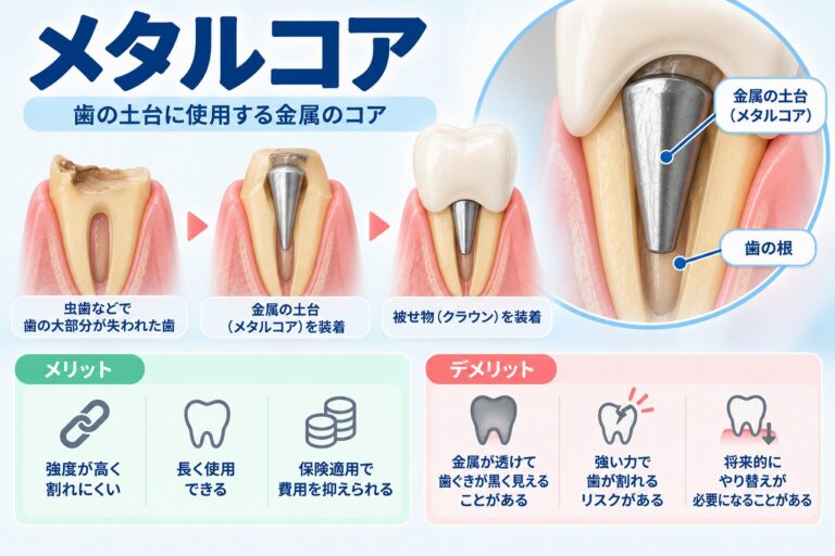 メタルコアについて、歯の根に金属製の土台を装着して被せ物を支える構造と、強度や歯根破折、歯ぐきの黒ずみなどの特徴を示した図