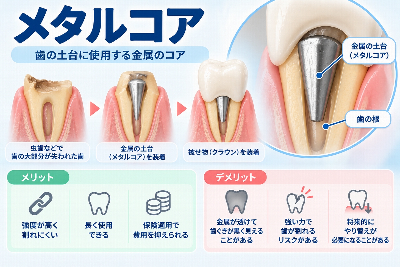 メタルコアについて、歯の根に金属製の土台を装着して被せ物を支える構造と、強度や歯根破折、歯ぐきの黒ずみなどの特徴を示した図