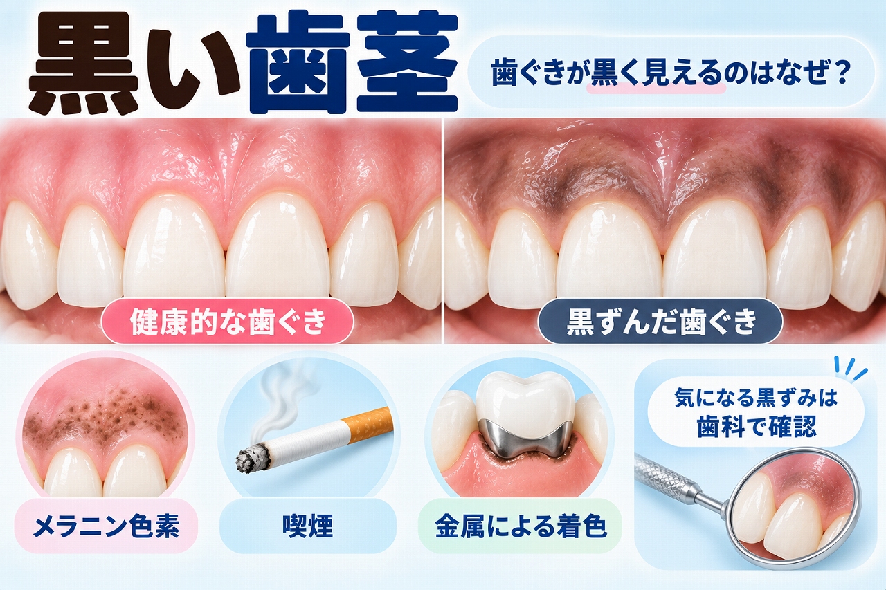 黒い歯茎について、健康的なピンク色の歯ぐきと黒ずんだ歯ぐきを比較し、メラニン色素・喫煙・金属による着色などの主な原因を示した図