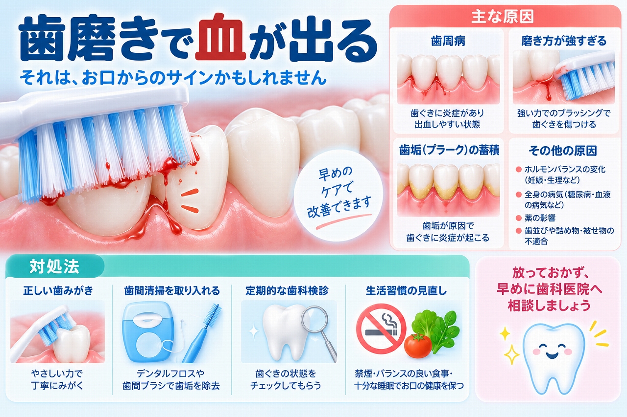 歯磨きで血が出る原因について、歯周病やプラークの蓄積、強すぎるブラッシングなどと、正しい歯磨き・歯間清掃・歯科検診による対処法を示した図
