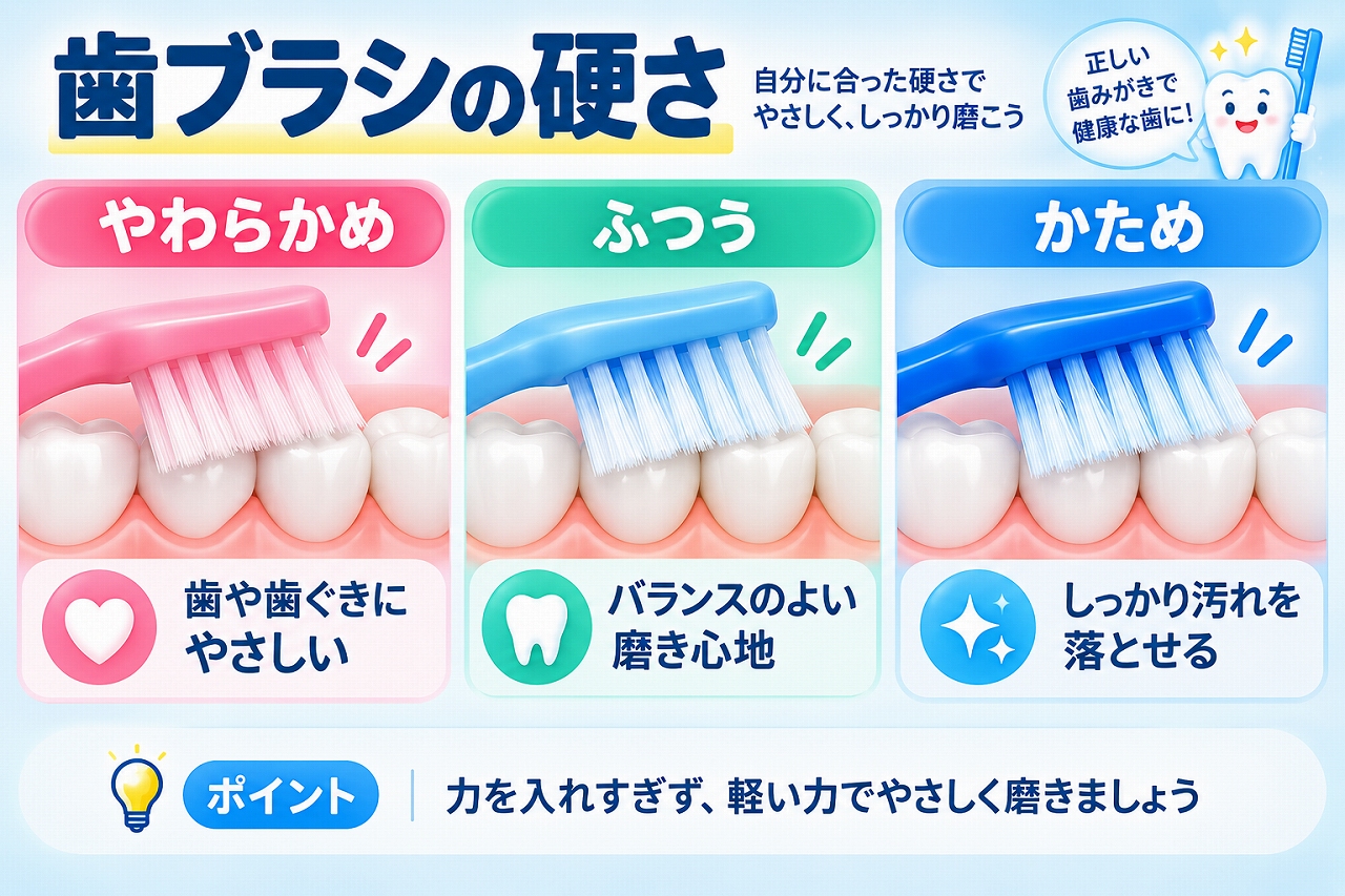 歯ブラシの硬さについて、やわらかめ・ふつう・かための特徴と、歯ぐきや知覚過敏など口腔内の状態に合わせた選び方を比較した図