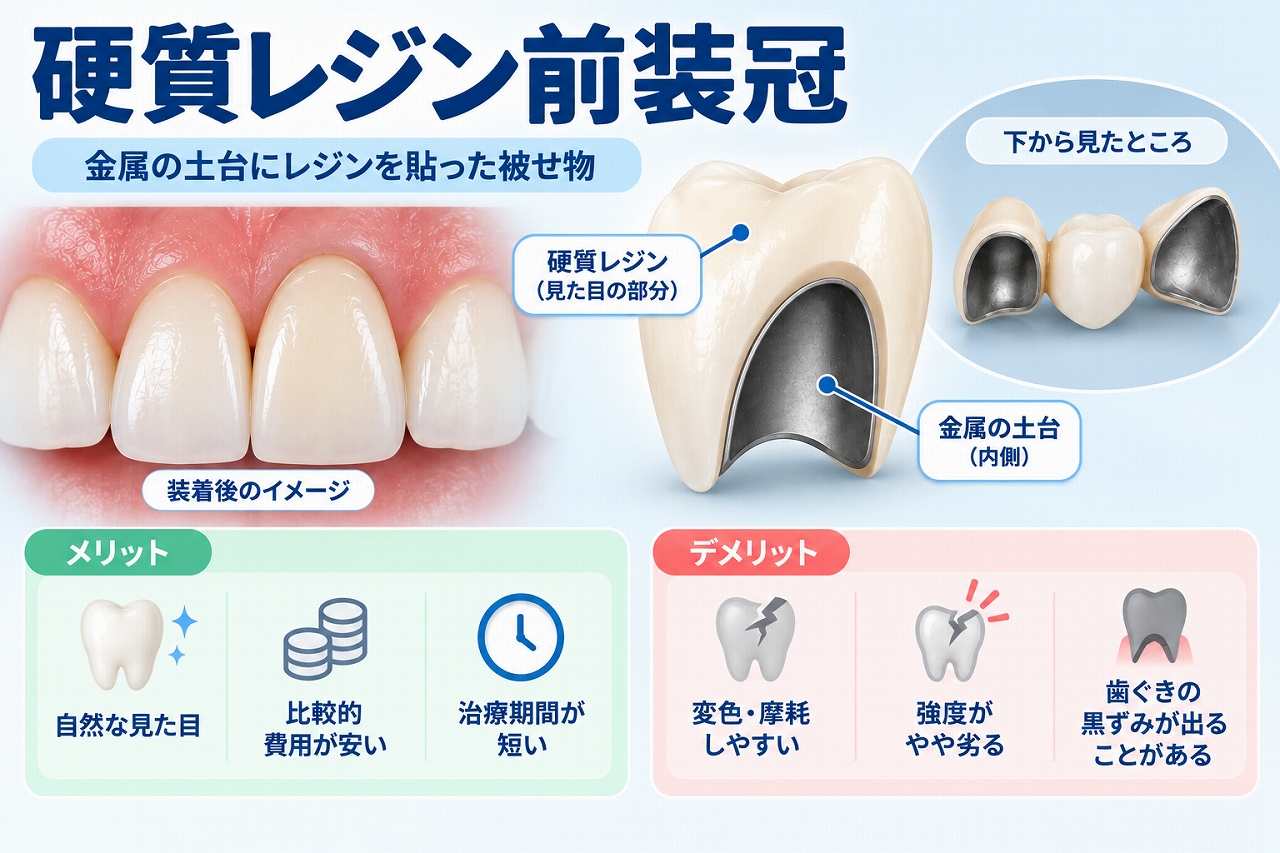 硬質レジン前装冠について、内側の金属の土台と表面の白い硬質レジンからなる構造や、装着後の見た目、メリット・デメリットを示した図