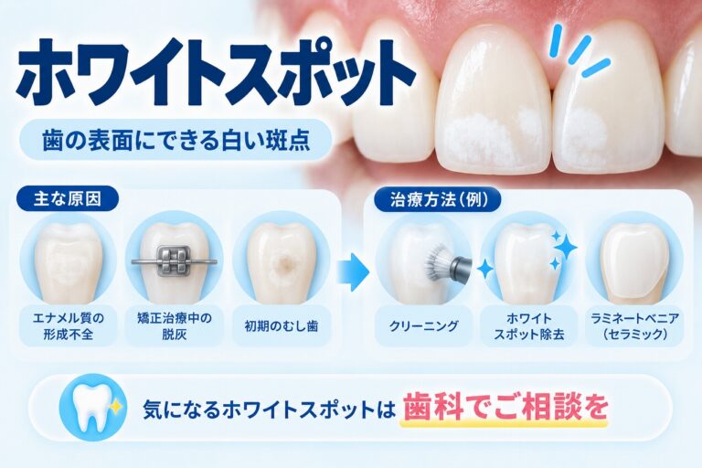 ホワイトスポットについて、歯の表面に現れる白い斑点と、エナメル質の形成不全や脱灰、初期虫歯などの原因と治療方法を示した図