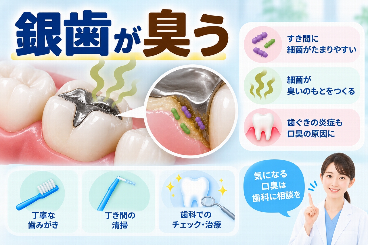 銀歯が臭う原因について、銀歯と歯のすき間に汚れや細菌がたまり、歯ぐきの炎症や口臭につながる様子と歯科でのチェック・治療を示した図