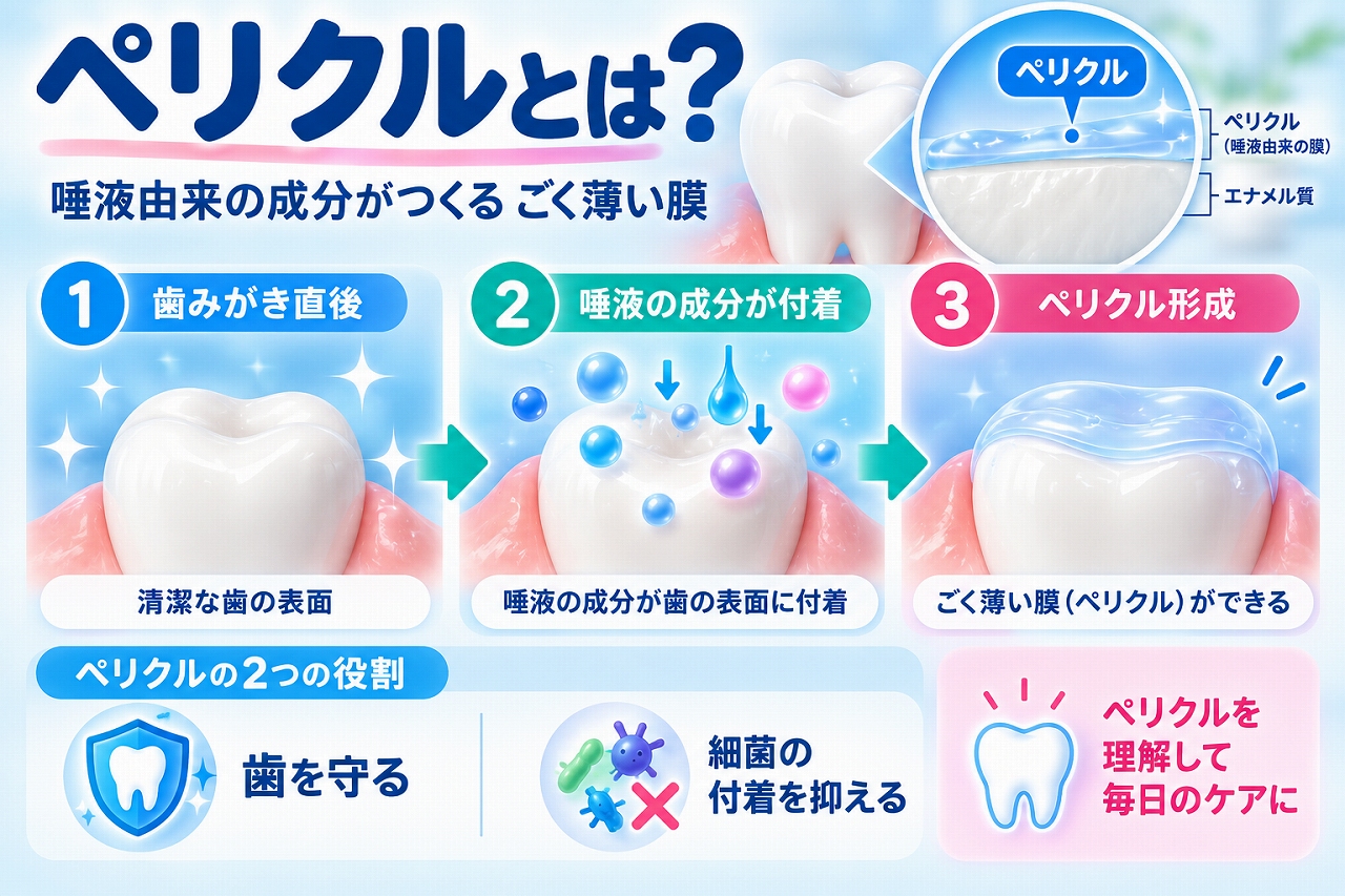 ペリクルについて、歯みがき後の歯面に唾液成分が付着して薄い膜を形成し、その表面に細菌が付着してプラークが形成されるまでを示した図