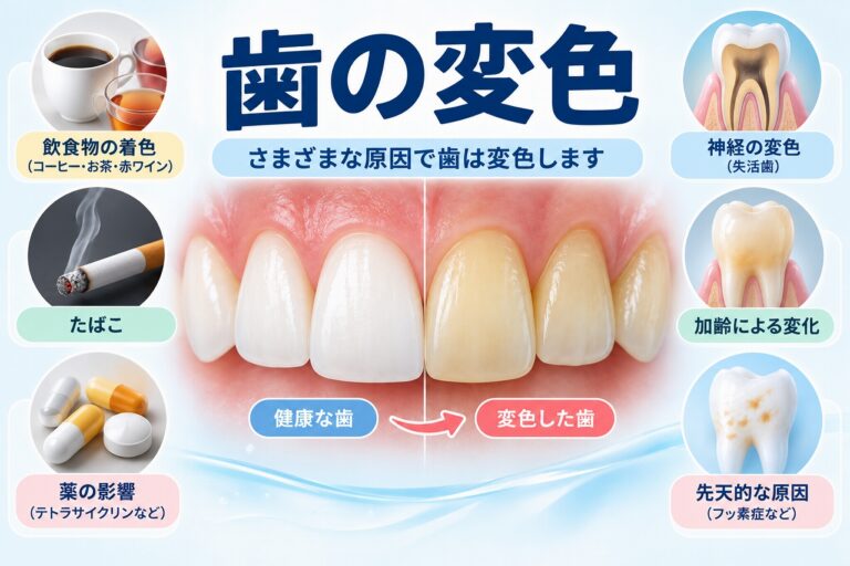 歯の変色について、健康な歯と変色した歯を比較し、飲食物の着色、喫煙、薬、神経の変色、加齢、先天的な原因などを示した図