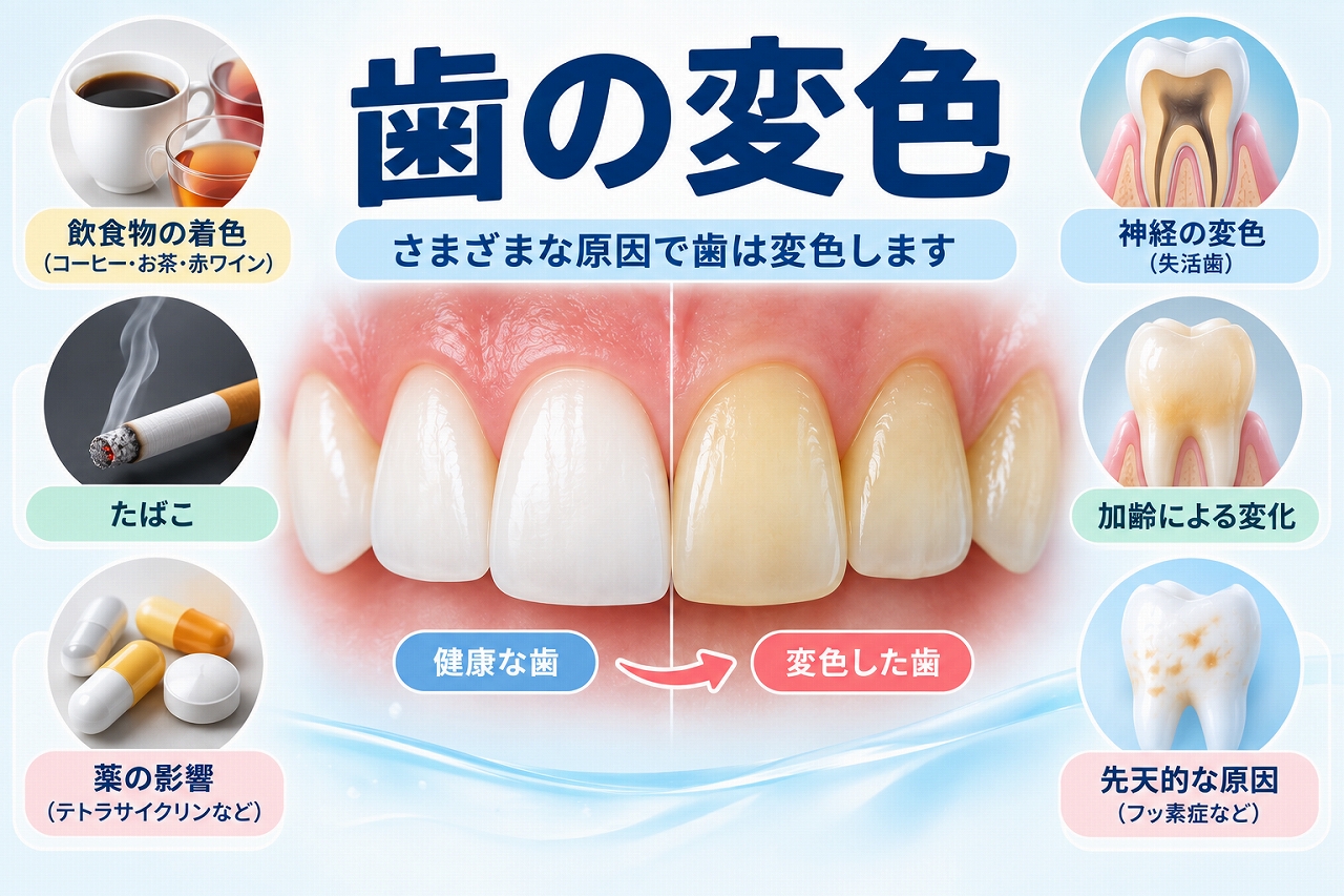 歯の変色について、健康な歯と変色した歯を比較し、飲食物の着色、喫煙、薬、神経の変色、加齢、先天的な原因などを示した図