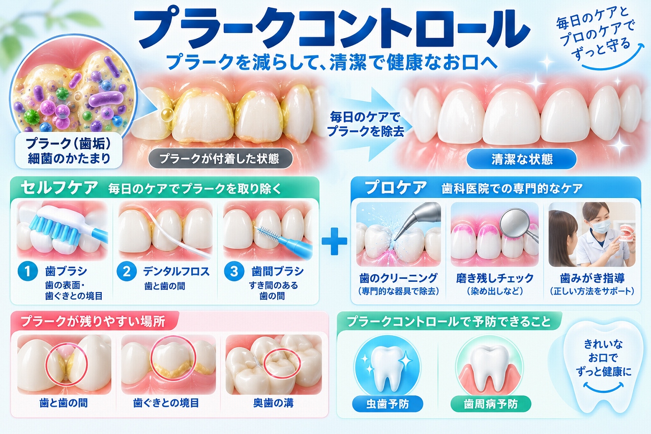 プラークコントロールについて、歯ブラシ・デンタルフロス・歯間ブラシによるセルフケアと歯科医院でのプロケアで歯垢を除去し、虫歯や歯周病を予防する方法を示した図