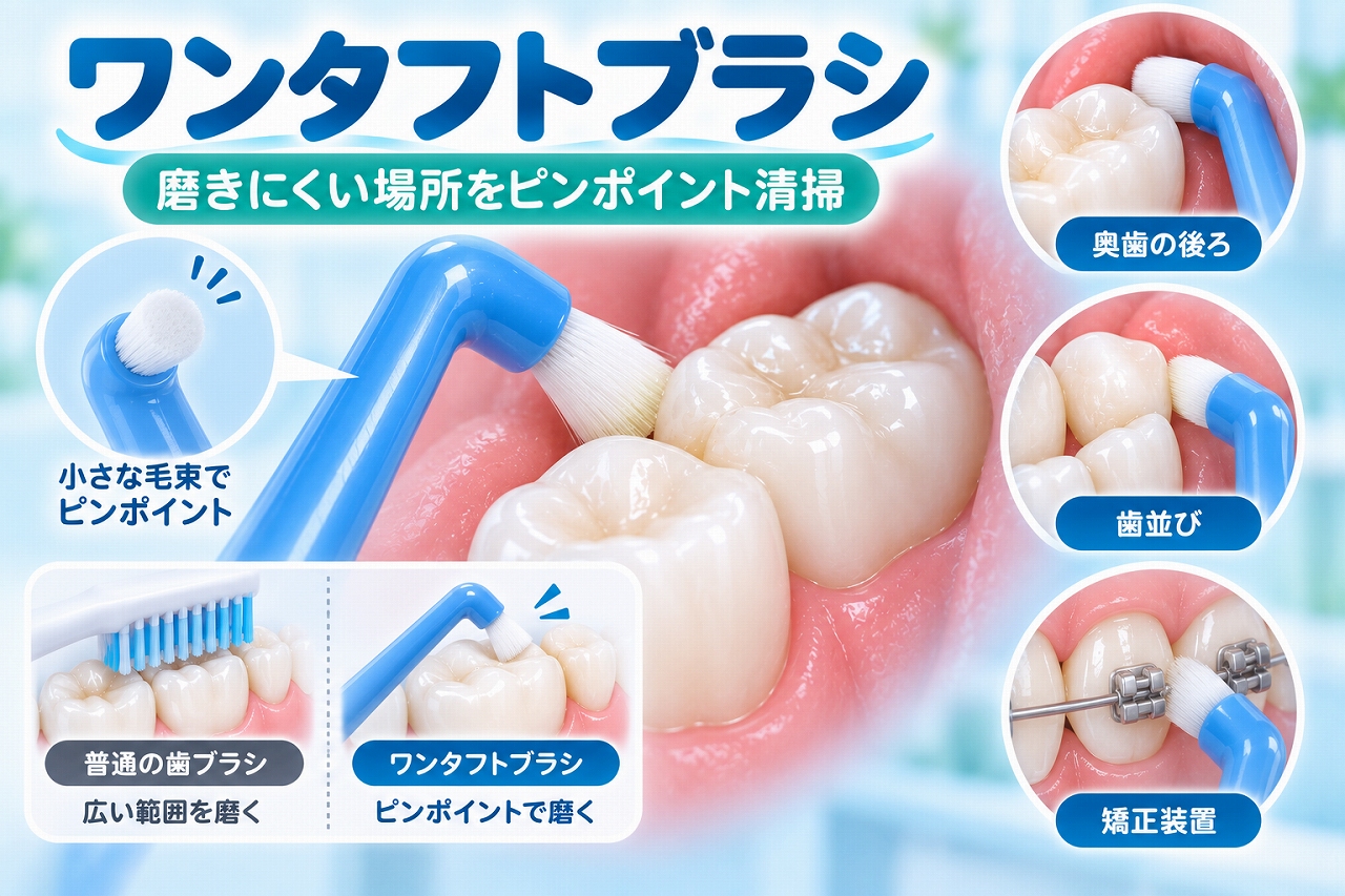 ワンタフトブラシの小さな毛束で、奥歯の後ろや歯並びが重なった部分、矯正装置の周囲をピンポイントで磨く様子を示したイラスト