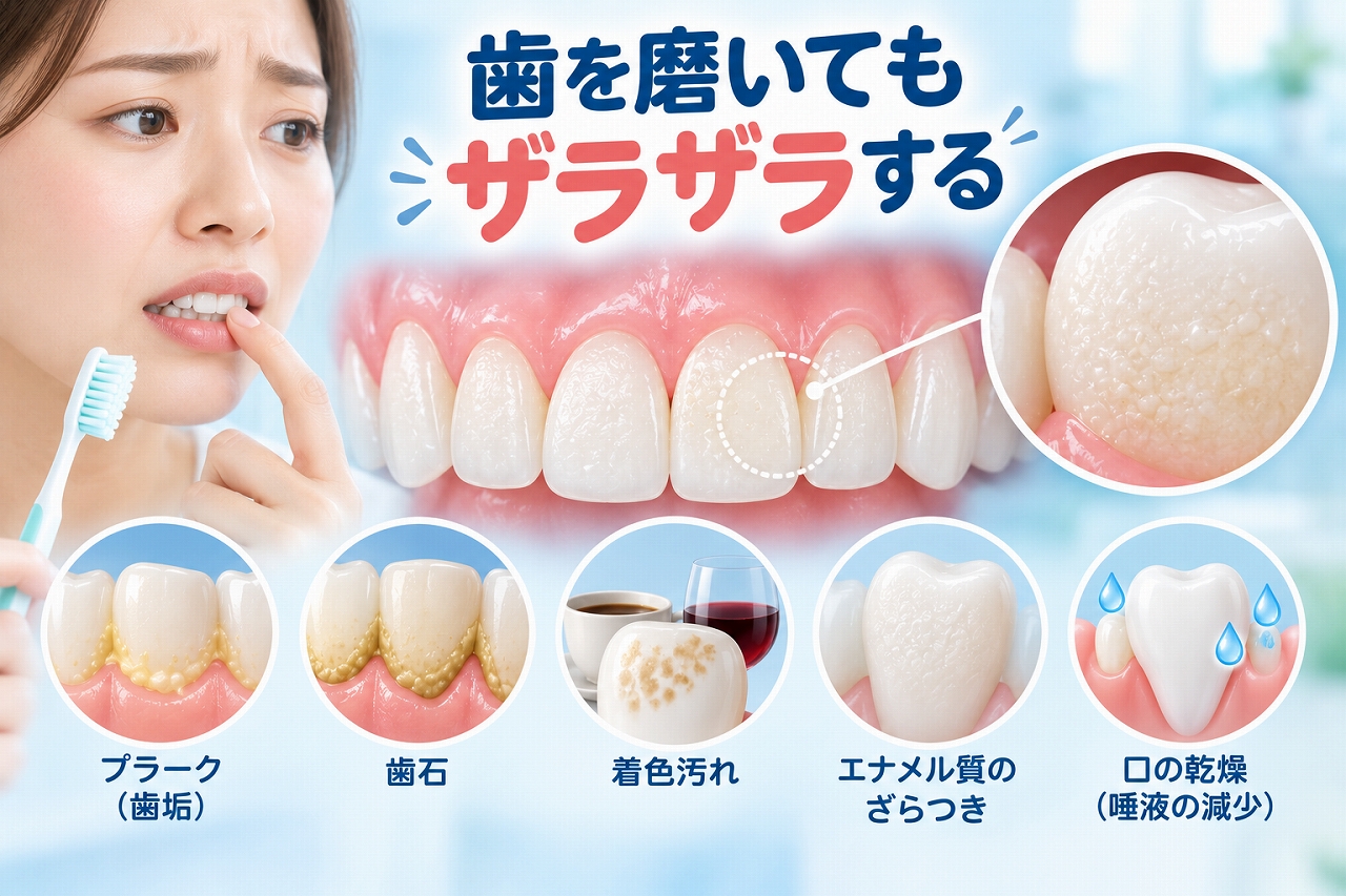 歯を磨いてもザラザラする原因として、歯垢や歯石、着色汚れ、エナメル質のざらつきなどを示したイラスト