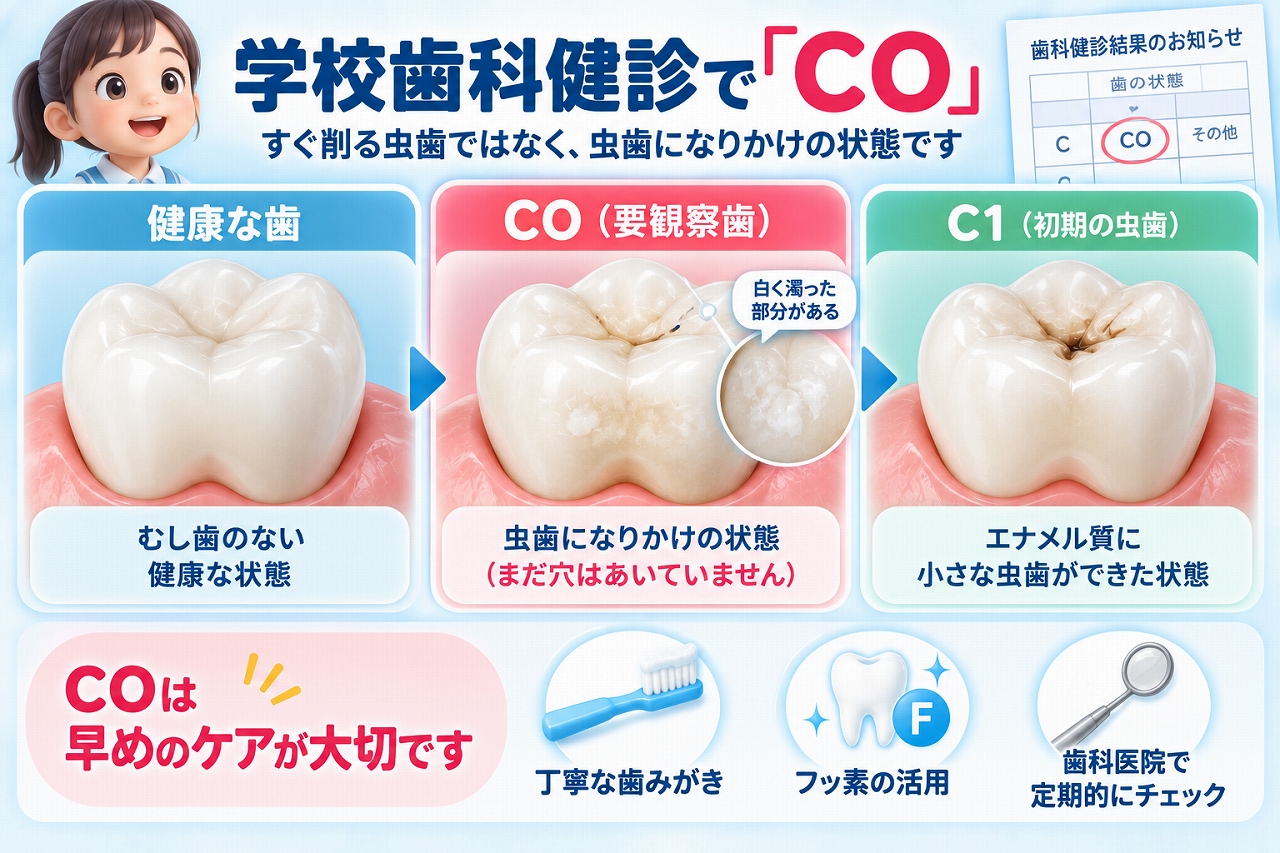 学校歯科健診のCO（要観察歯）について、健康な歯・CO・C1の違いと、歯磨きやフッ素によるケアを示した図
