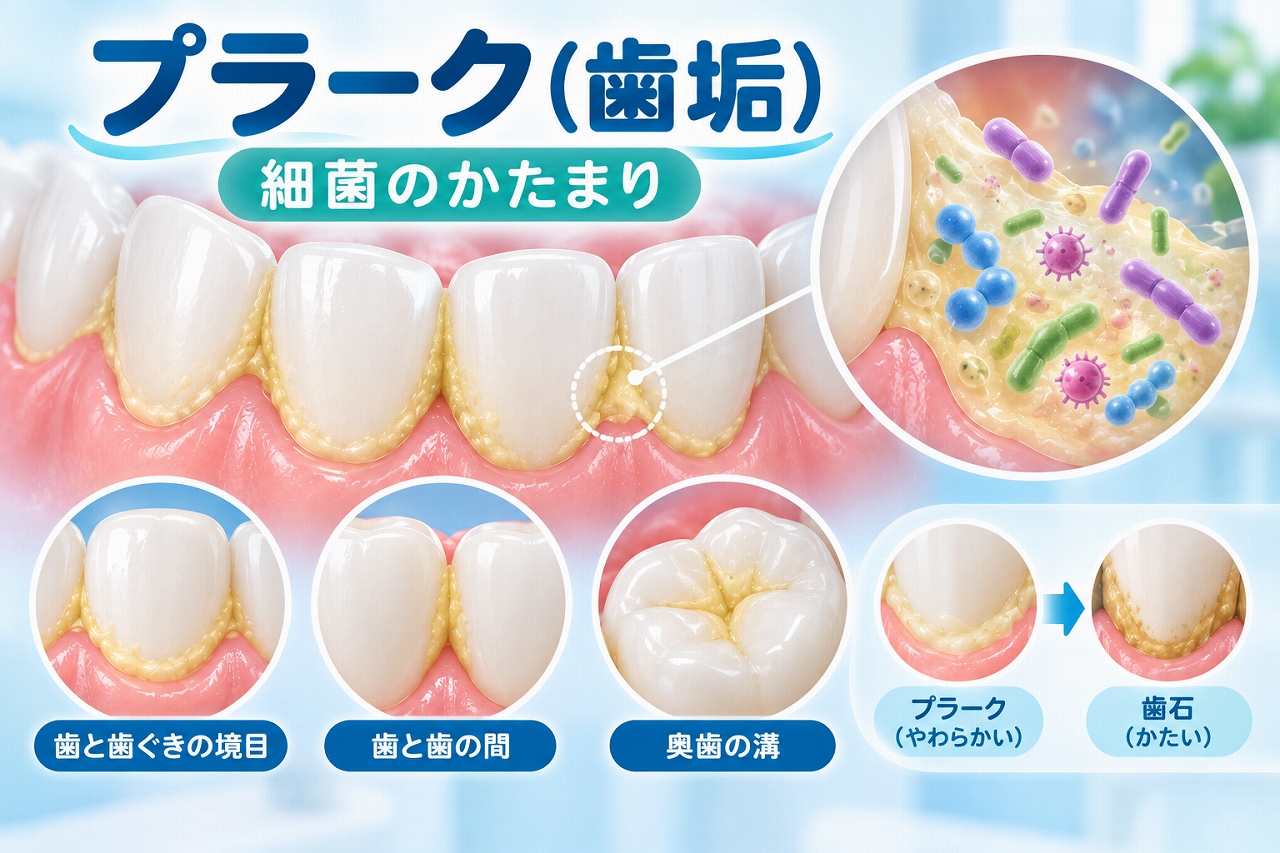 プラーク（歯垢）が歯と歯ぐきの境目や歯間、奥歯の溝に付着し、多数の細菌が集まっている状態を示したイラスト