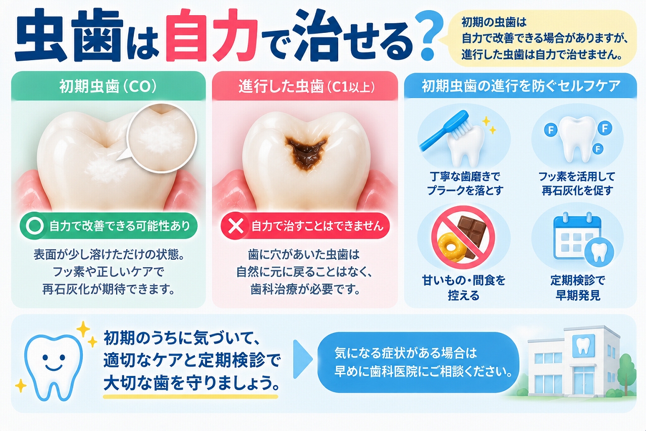 虫歯は自力で治せるのか、初期虫歯の再石灰化と進行した虫歯の違いを示した図