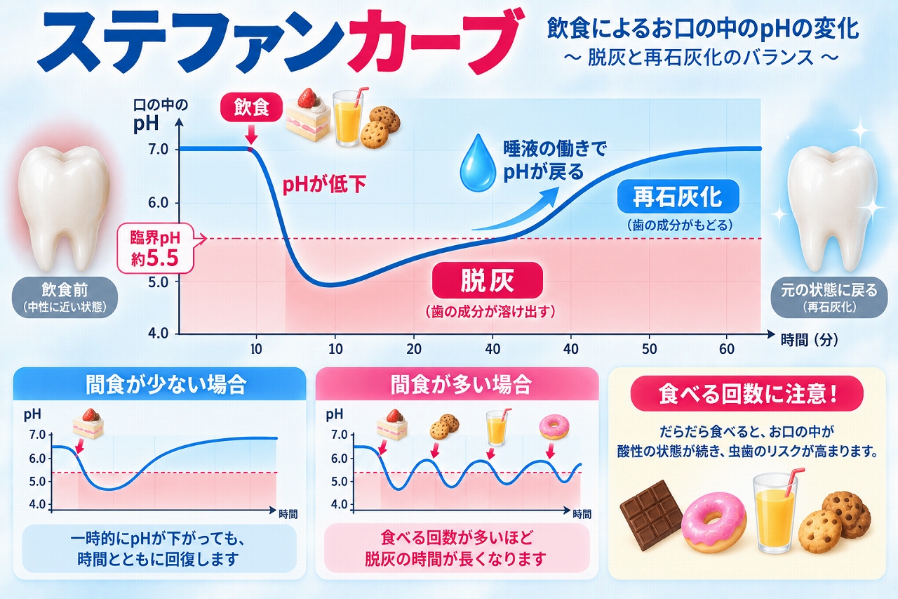 飲食後に口腔内のpHが低下して脱灰が起こり、唾液の働きでpHが回復して再石灰化するステファンカーブと、間食回数による違いを示した図