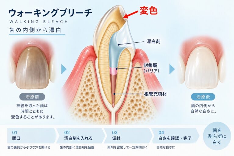 ウォーキングブリーチ｜神経を取った変色歯を内側から白くする治療
