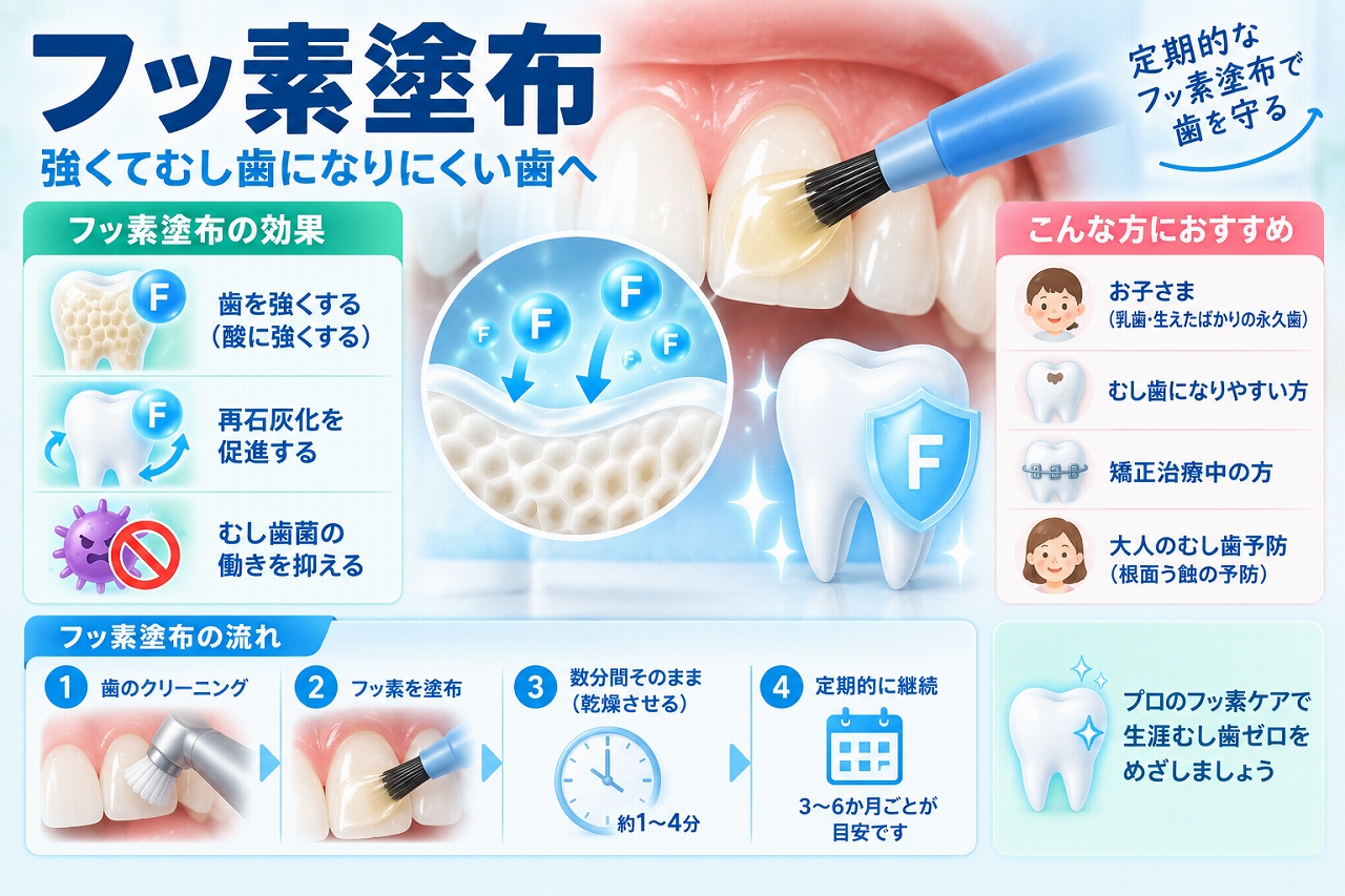 歯科医院で歯の表面にフッ素を塗布し、歯質を強くして再石灰化を促し、虫歯予防をサポートする仕組みと流れを示した図