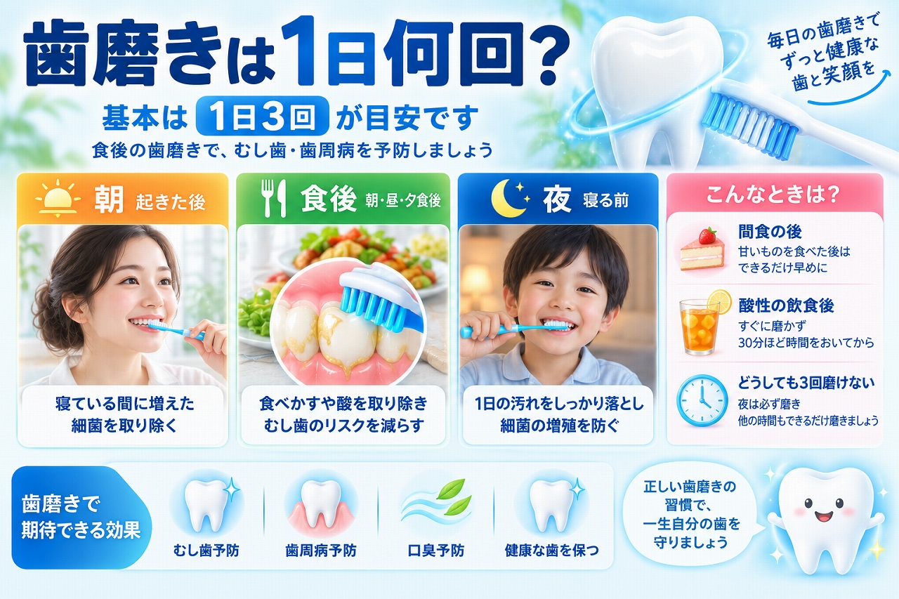 歯磨きは1日何回すればよいかについて、朝・食後・寝る前の歯磨きと、虫歯・歯周病を予防するためのポイントを示した図