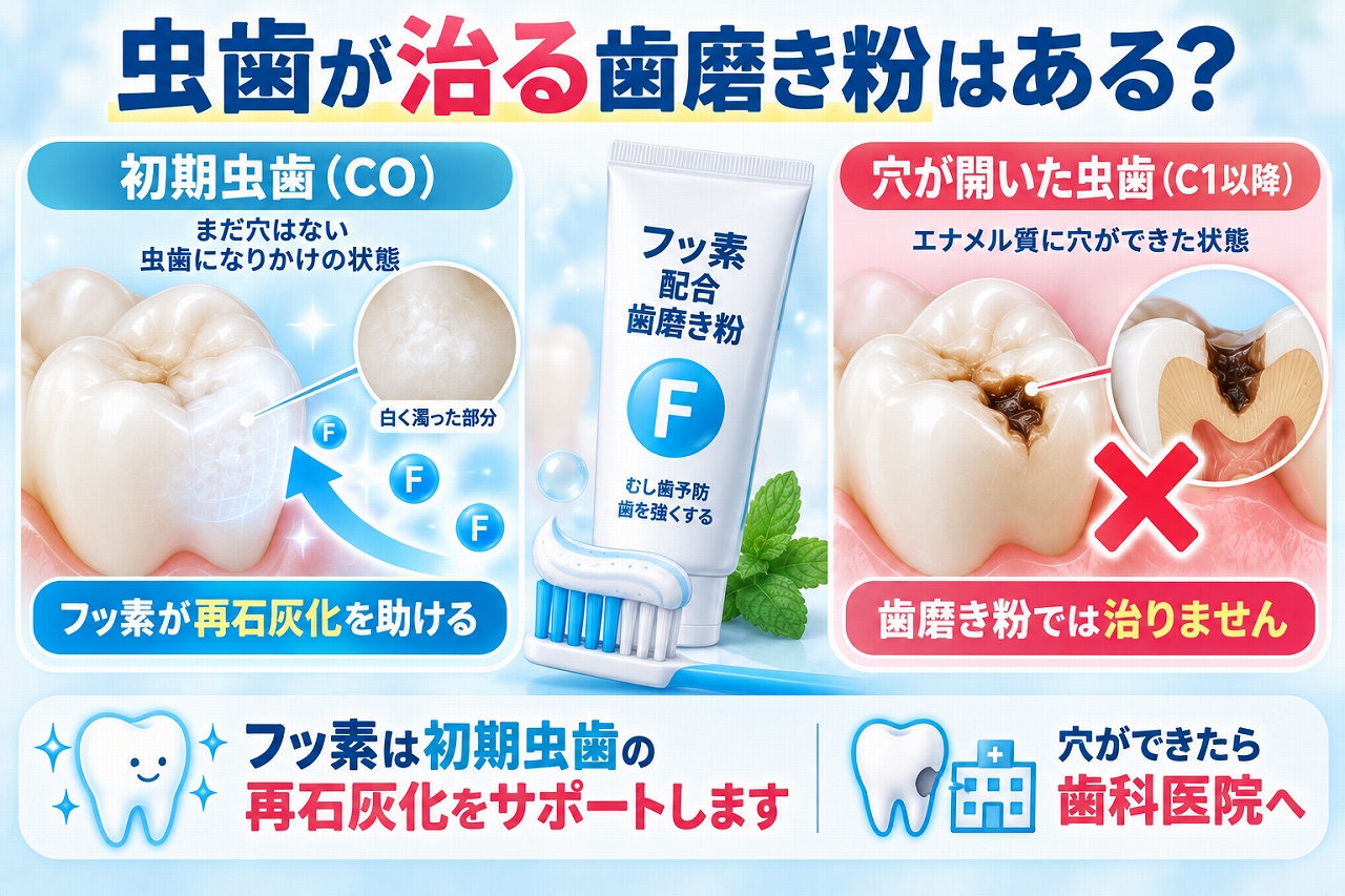 フッ素配合歯磨き粉は穴のない初期虫歯の再石灰化を助ける一方、穴が開いた虫歯は歯磨き粉では治らないことを示した図