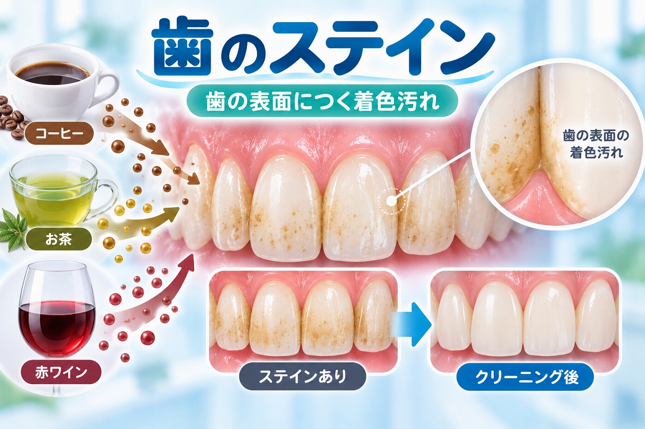 コーヒーやお茶、赤ワインなどの色素による歯のステインと、歯科クリーニングで着色汚れを除去する様子を示したイラスト
