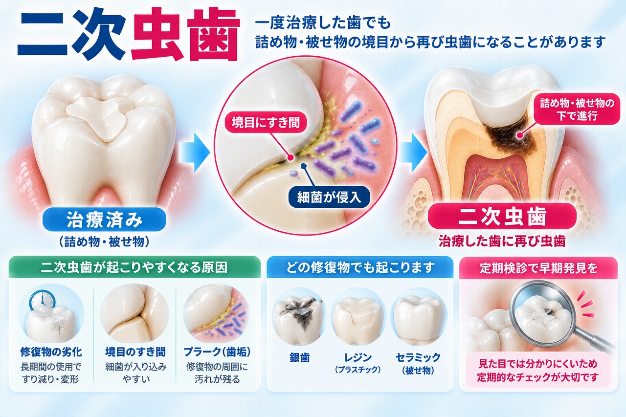 詰め物や被せ物と歯の境目から細菌が侵入し、修復物の下で再び虫歯が進行する二次虫歯の仕組みと原因を示した図
