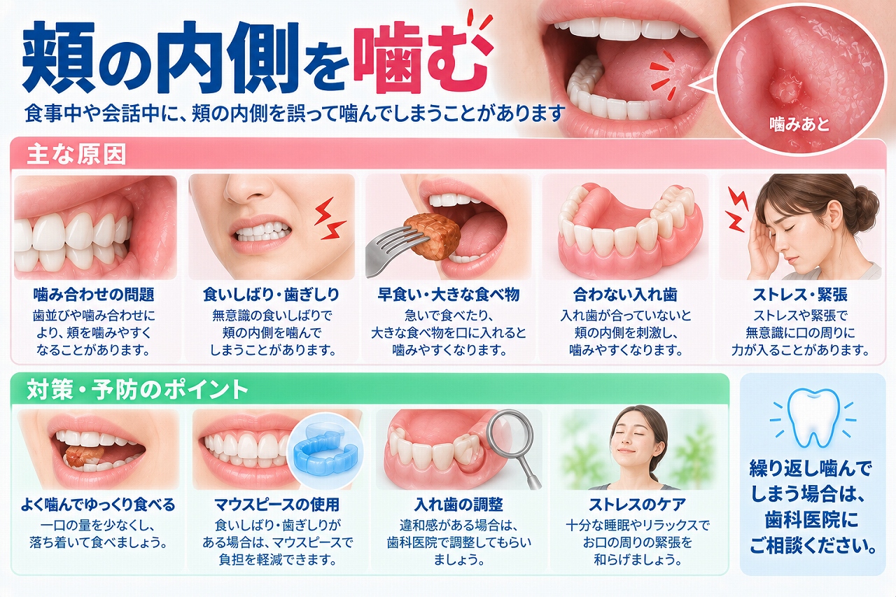 頬の内側を噛む原因となる噛み合わせ・食いしばり・入れ歯などと、繰り返す場合の対処法を示した図