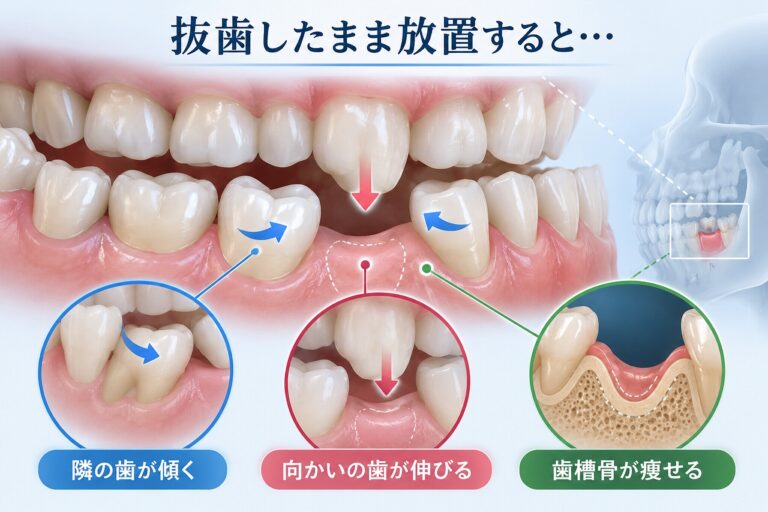 抜歯したまま放置すると起こる変化｜歯の傾き・挺出・歯槽骨吸収