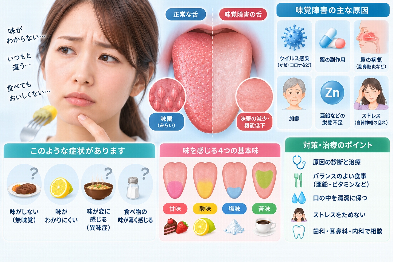 味がわからない、味が薄い、味が変に感じるなどの味覚障害の症状と原因を示した図