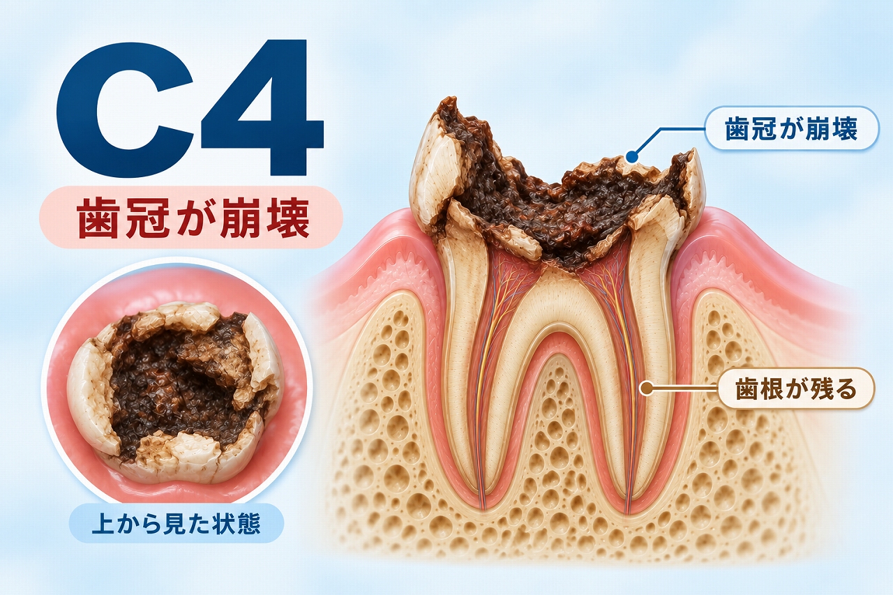 虫歯C4で歯冠の大部分が崩壊し、歯ぐきと顎の骨の中に歯根が残っている状態を示す断面図