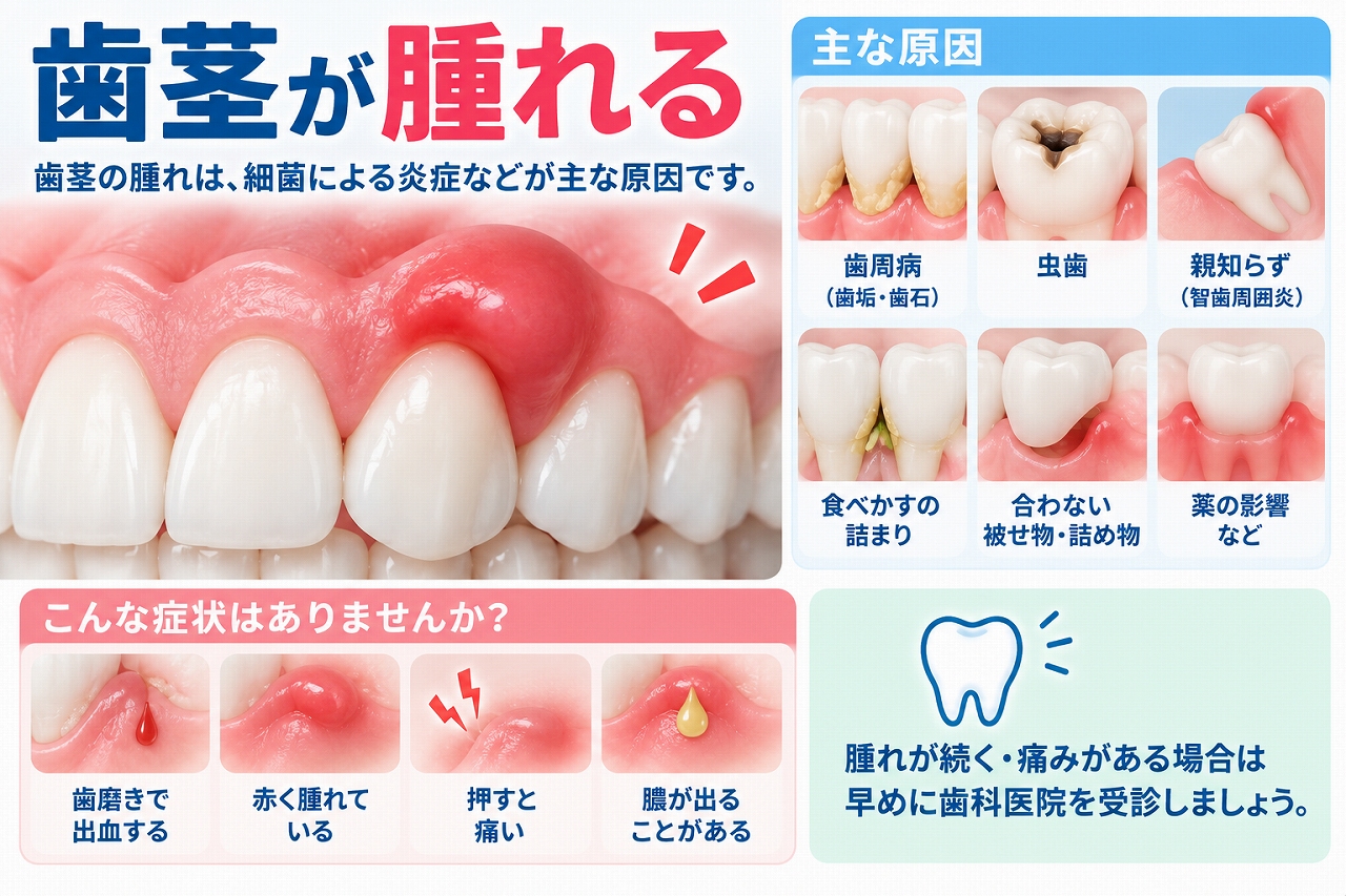 歯茎が腫れる原因となる歯周病・虫歯・親知らずなどと、出血・痛み・膿などの症状を示した図