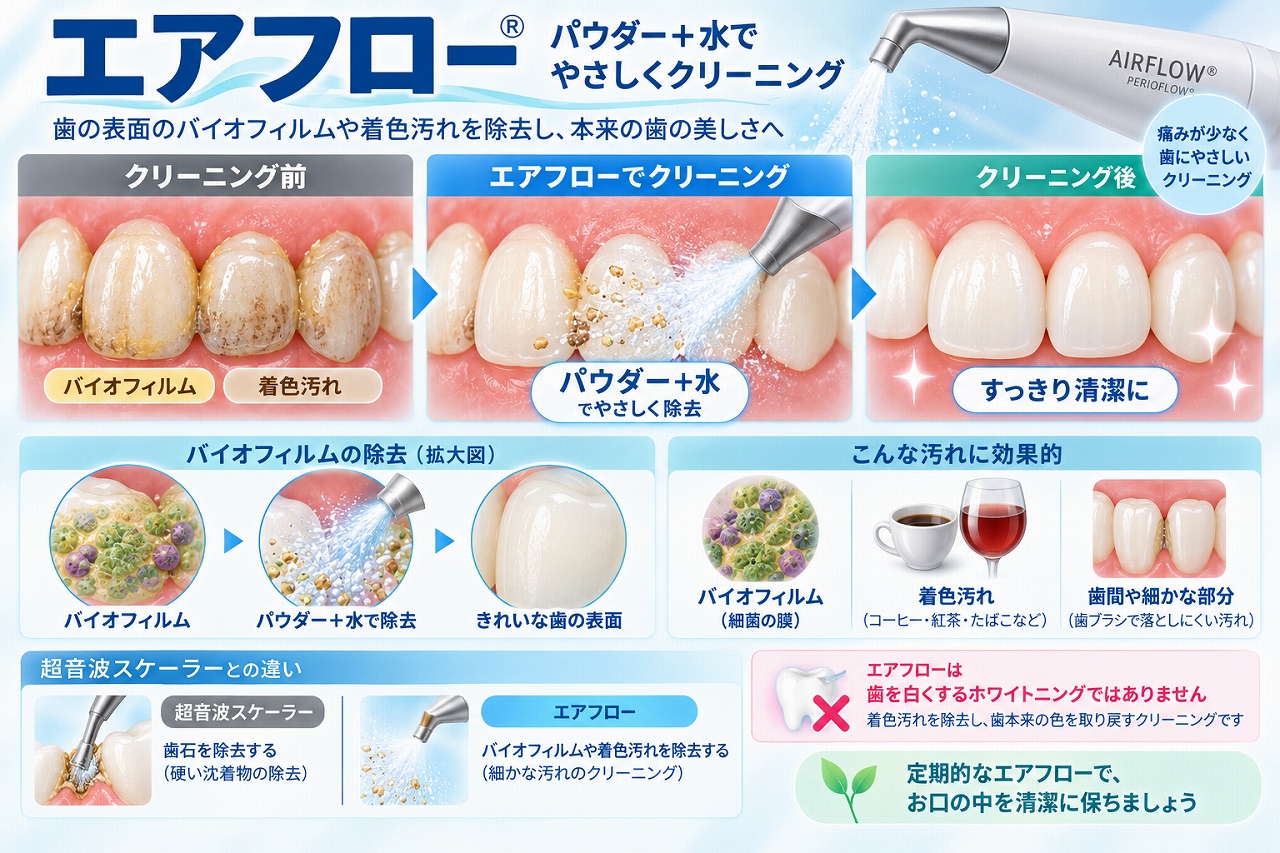 エアフローで細かなパウダーと水を歯面に噴射し、バイオフィルムやコーヒー・紅茶などによる着色汚れを除去する様子を示した図