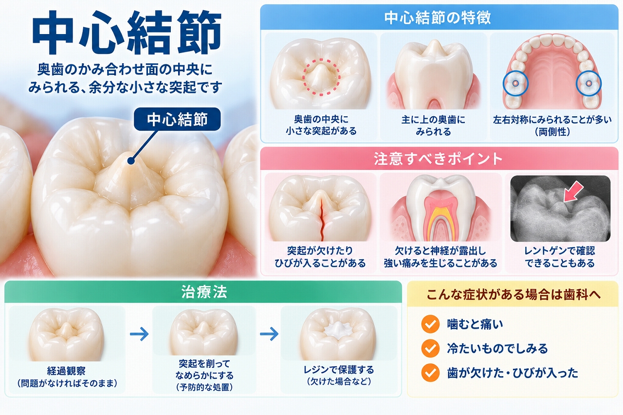 奥歯の咬合面にみられる中心結節の位置と、破折による歯髄への影響や予防処置を示した図