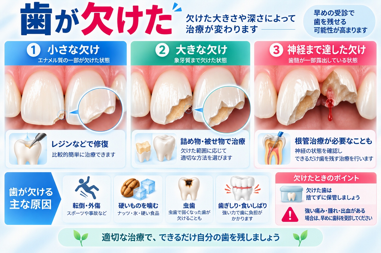 歯が欠けた状態を小さな欠け・大きな欠け・歯髄が一部露出して出血する深い欠けの3段階で比較し、それぞれの治療法を示した図
