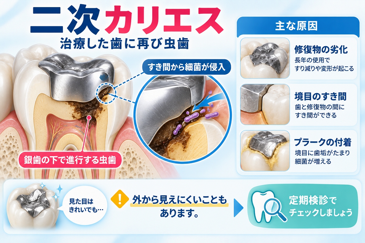 銀歯などの修復物と歯の境目から細菌が侵入し、修復物の下で再び虫歯が進行する二次カリエスを示した図