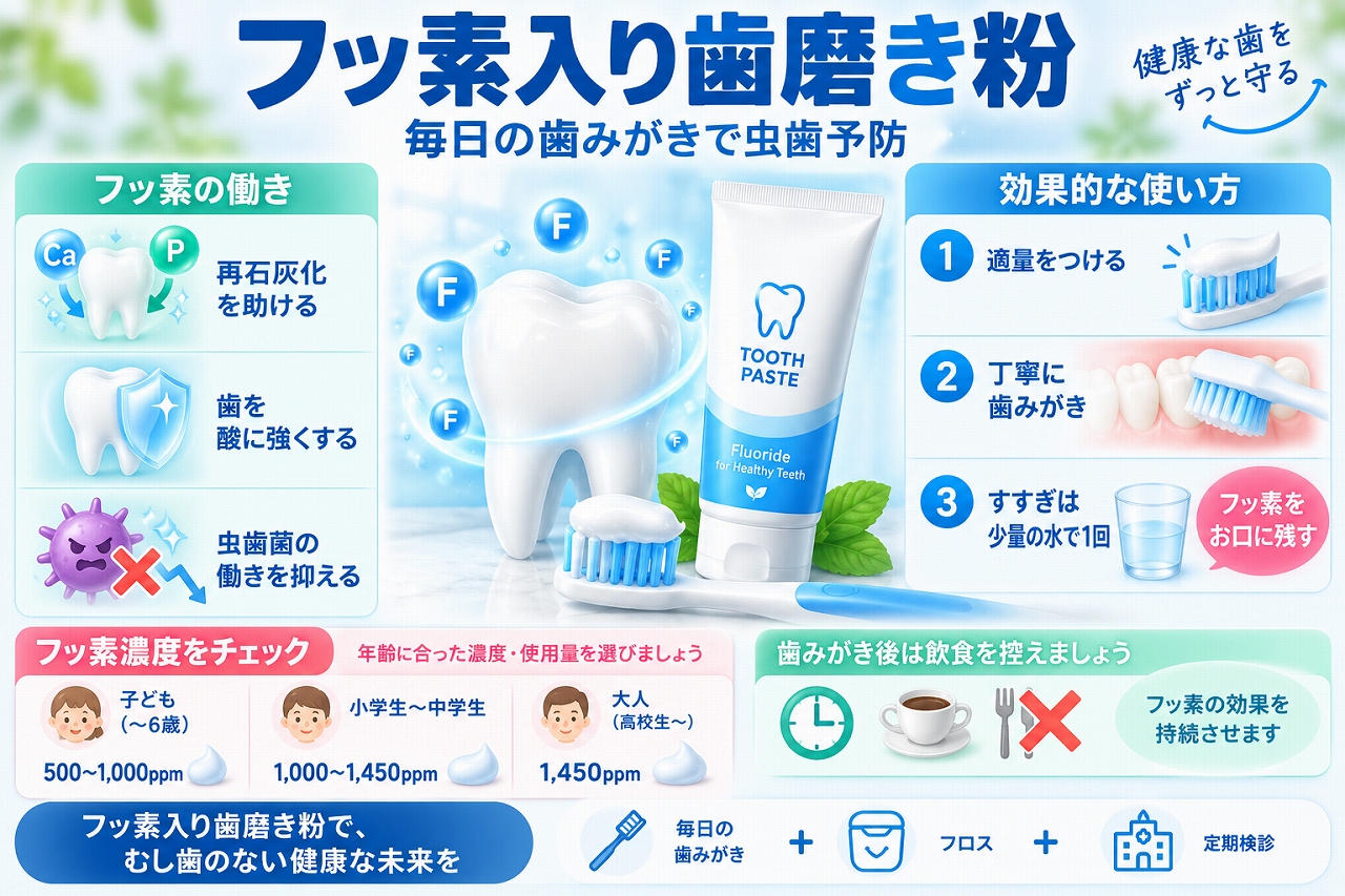 フッ素入り歯磨き粉の虫歯予防効果と、再石灰化・歯質強化・虫歯菌の働きを抑える作用、効果的な使い方を示した図