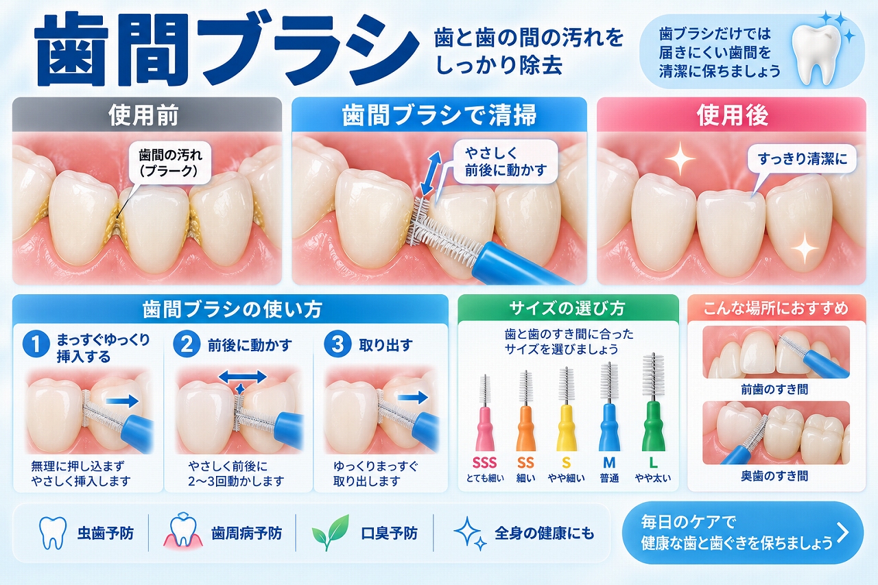 歯間ブラシを歯と歯の間にやさしく挿入して前後に動かし、歯ブラシでは届きにくい歯間のプラークを除去する方法とサイズの選び方を示した図