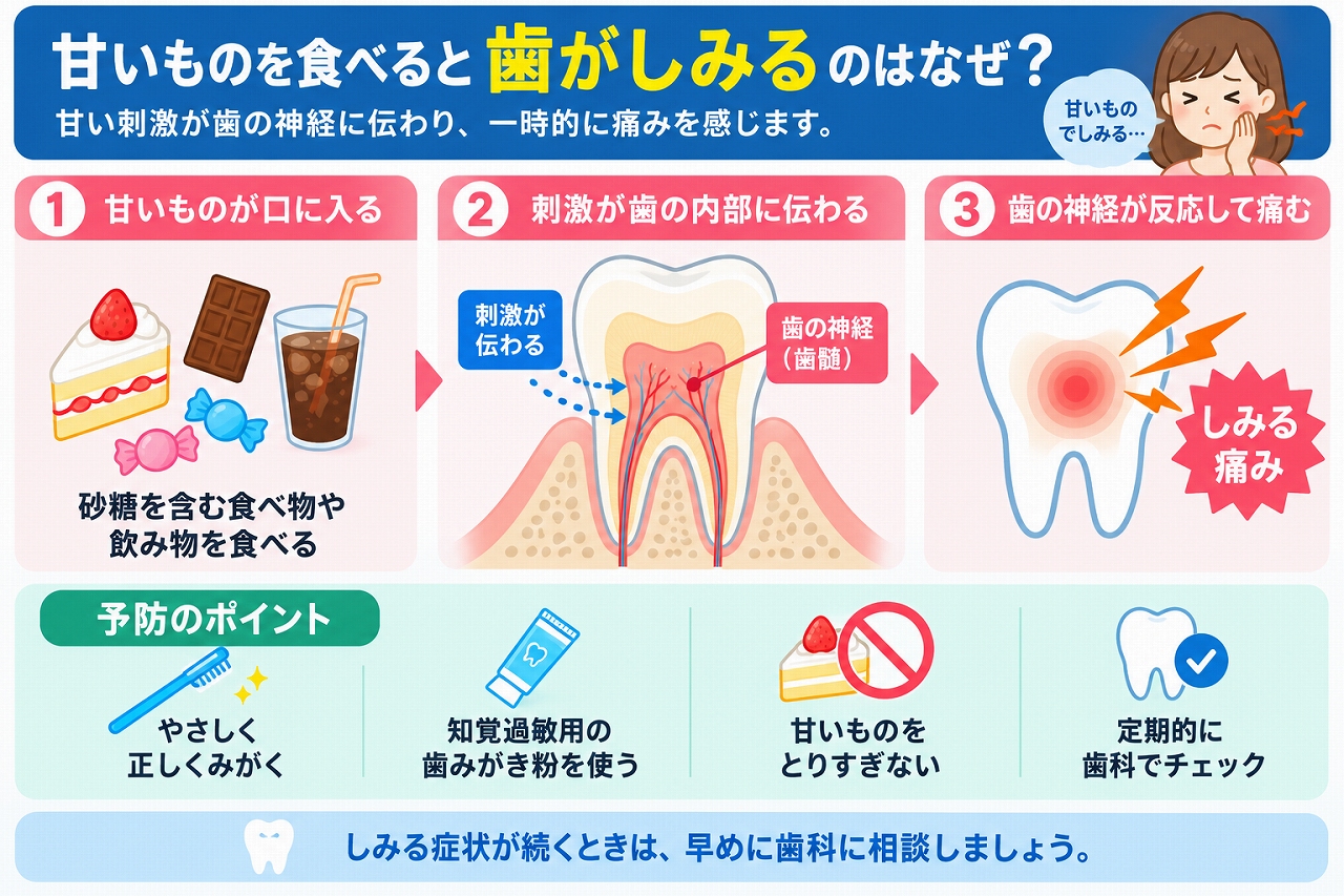 甘いものを食べたときの刺激が歯の内部に伝わり、歯がしみる仕組みを示した図