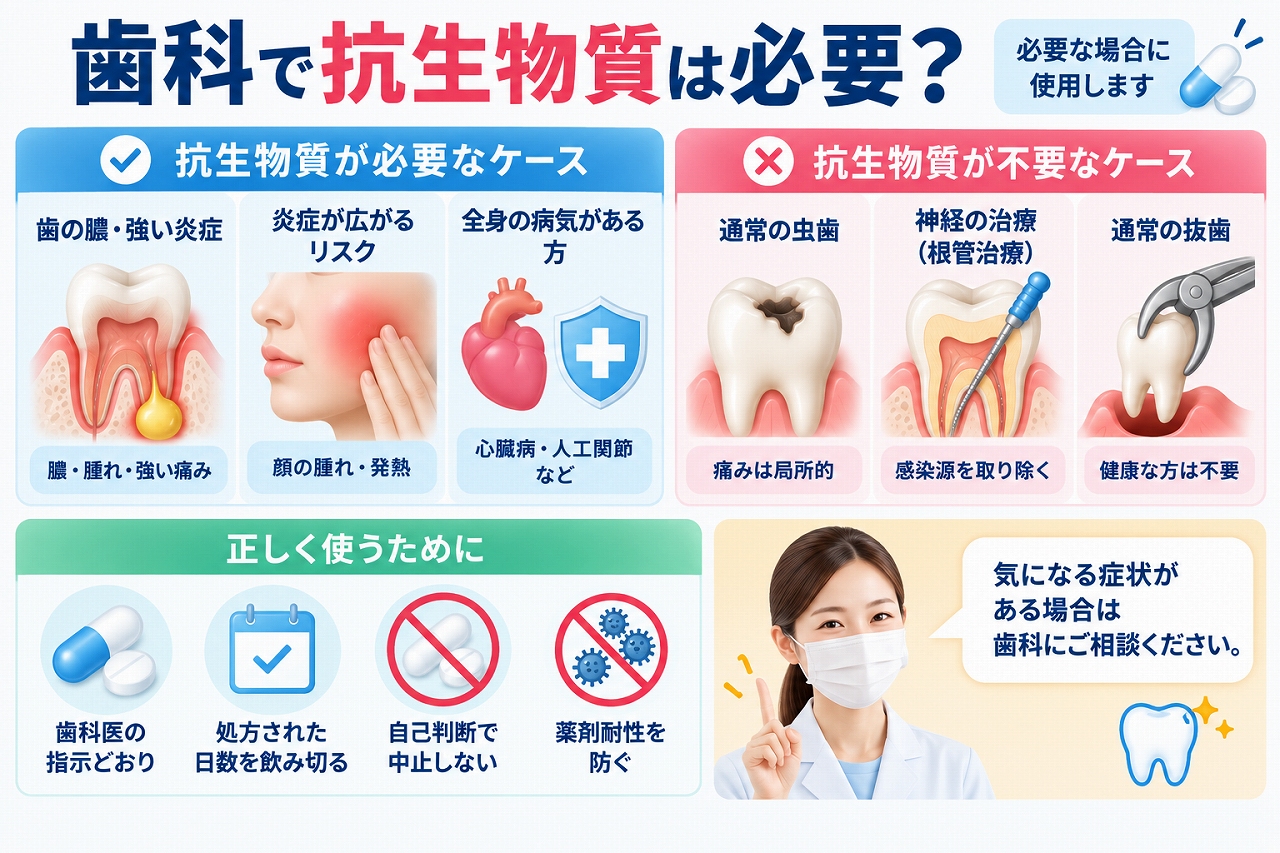 歯科で抗生物質が必要な場合と不要な場合、正しい使い方を示した図
