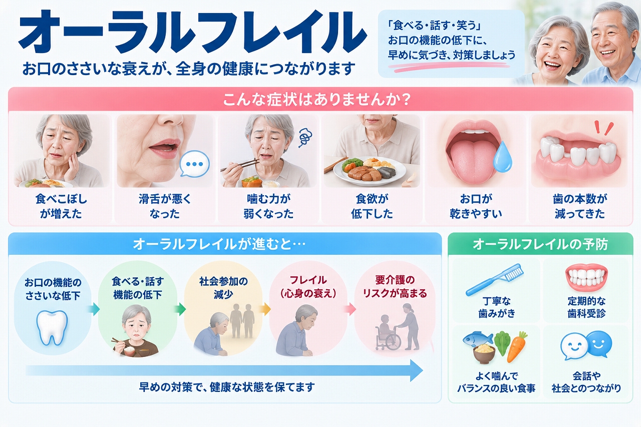 食べこぼし・むせ・噛む力や滑舌の低下など、オーラルフレイルのサインと予防法を示した図